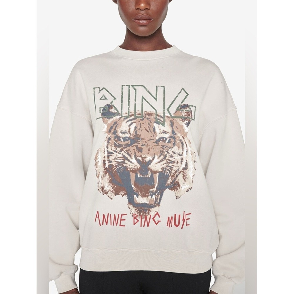 ANINE BING Muse Tiger Crewneck Oversized Sweatshirt - Stone Tan Size XS